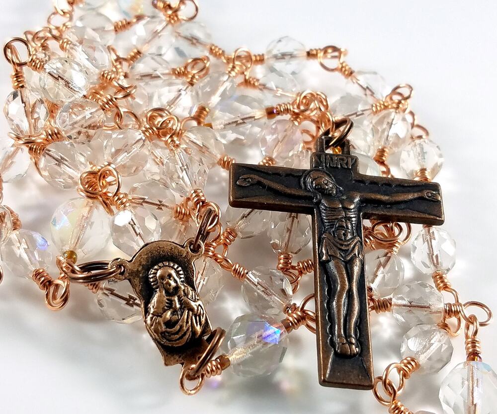 Madonna Child Sacred Heart of Jesus 5 Decade Rosary, Copper Crucifix